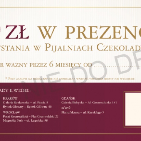 Voucher, który można zakupić elektronicznie i otrzymać nie wychodząc z domu na wszystkie nasze produkty również przez dzieci, do wykorzystania w naszych Pijalniach Czekolady.